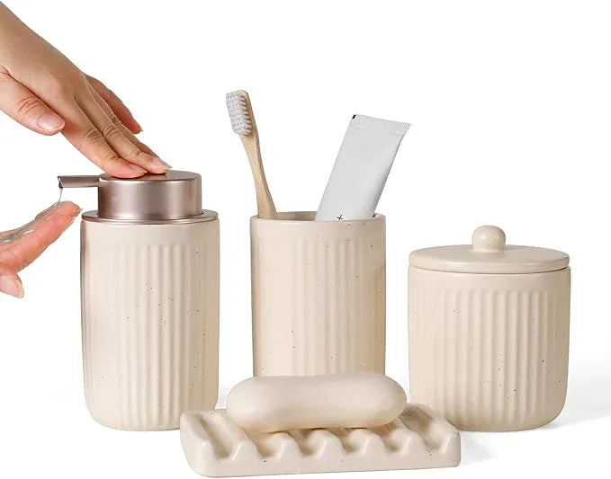 BosilunLife Bathroom Accessories Set - Ceramic Bathroom Set Bathroom Decor Sets Bathroom Counter Lotion Soap Dispenser and Toothbrush Holder Set, Soap Dish, Apothecary Jar (Striped Apricot) - ModernBath