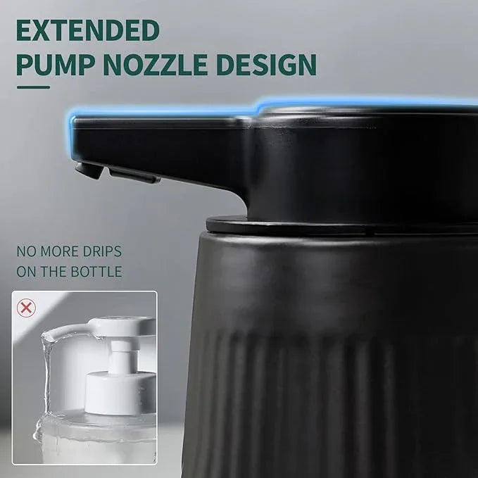 BosilunLife Ceramic Automatic Soap Dispenser with Extended Pump Nozzle, 3 Adjustable Levels, Touchless Foam Hand Wash Foaming Dispenser for Bathroom & Kitchen, Embossed Wave Design, Black, 10oz - ModernBath