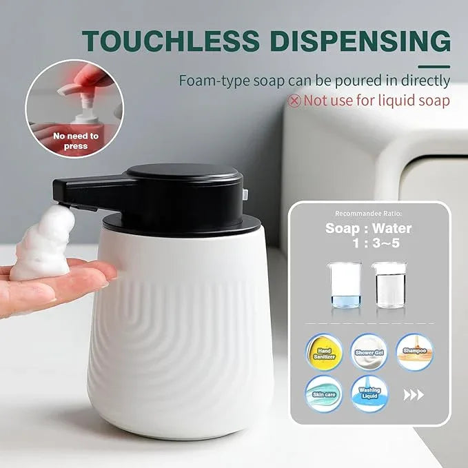 BosilunLife Ceramic Automatic Soap Dispenser with Extended Pump Nozzle, 3 Adjustable Levels, Touchless Foam Hand Wash Foaming Dispenser for Bathroom & Kitchen, Embossed Wave Design, White, 10oz - ModernBath