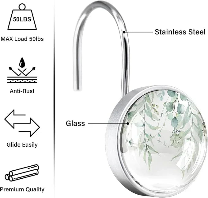 12 Pcs Sage Green Eucalyptus Shower Curtain Hooks – Rustproof Stainless Steel Rings with Decorative Glass Surface – Modern Bathroom Curtain Accessories - ModernBath