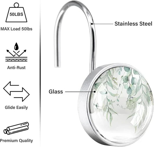 12 Pcs Sage Green Eucalyptus Shower Curtain Hooks – Rustproof Stainless Steel Rings with Decorative Glass Surface – Modern Bathroom Curtain Accessories - ModernBath