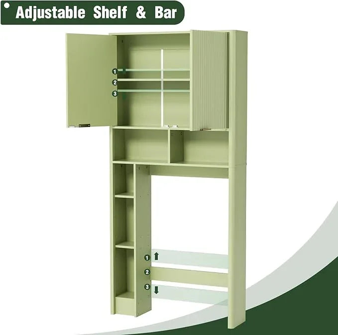 31" W Over The Toilet Storage Cabinet with Fluted Door, Green Bathroom Organizer with Adjustable Shelf, 67''H Tall Natural Toilet Paper Holder Stand Wave Door for Restroom, Laundry Room - ModernBath