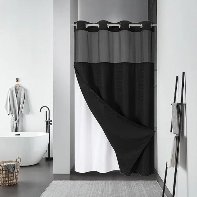 eachope Stall Black No Hook Waffle Weave Shower Curtain with snap-in Liner Replacement, 230GSM Waterproof Fabric Hotel Shower Curtain Set for Bathroom, Through Mesh Top Window,54Wx80H - ModernBath