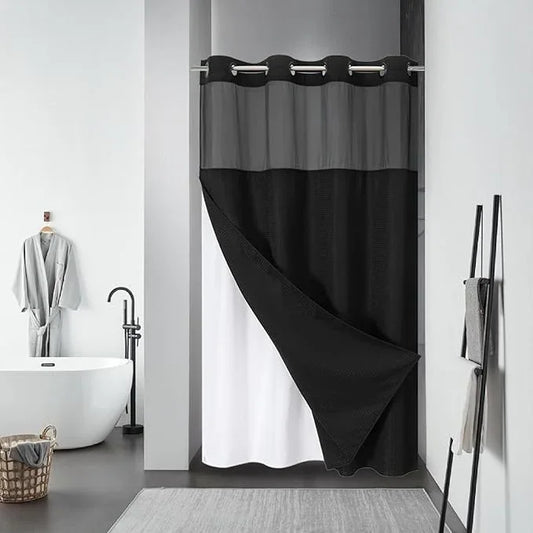 eachope Stall Black No Hook Waffle Weave Shower Curtain with snap-in Liner Replacement, 230GSM Waterproof Fabric Hotel Shower Curtain Set for Bathroom, Through Mesh Top Window,54Wx80H - ModernBath