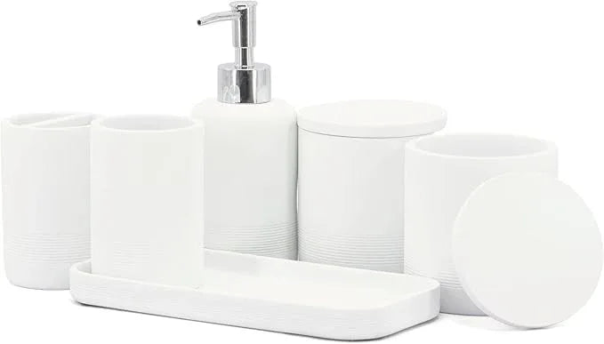 ZCCZ White Bathroom Accessories Set 6 Pieces - Toothbrush Holder, Lotion Dispenser, Qtip Container, Vanity Tray, Tumbler - Countertop Organizer for Bathrooms - Elegant and Functional Décor Set - ModernBath