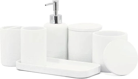 ZCCZ White Bathroom Accessories Set 6 Pieces - Toothbrush Holder, Lotion Dispenser, Qtip Container, Vanity Tray, Tumbler - Countertop Organizer for Bathrooms - Elegant and Functional Décor Set - ModernBath
