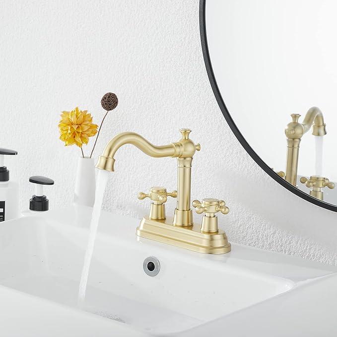 Bathroom Faucet Brushed Gold GGStudy 2 Handles 4 Inches Centerset Bathroom Vanity with Drain Assembly and Supply Hose Lavatory Mixer Double Handle Tap - ModernBath