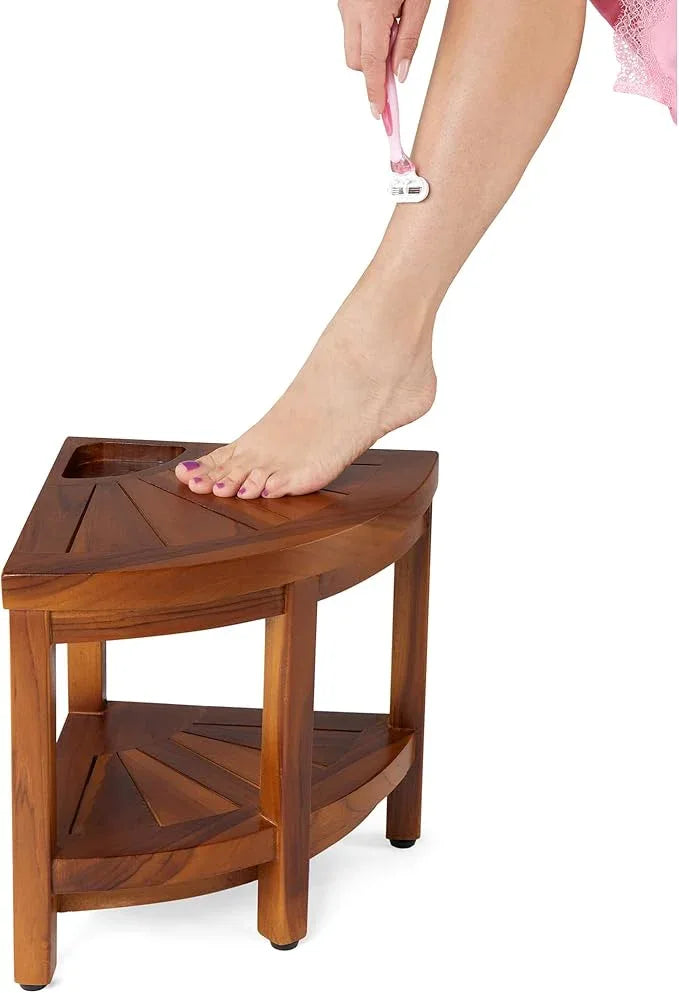 TeakCraft Corner Teak Shaving & Foot Rest with Shelf, 12" Fully Assembled, The Tilos - ModernBath