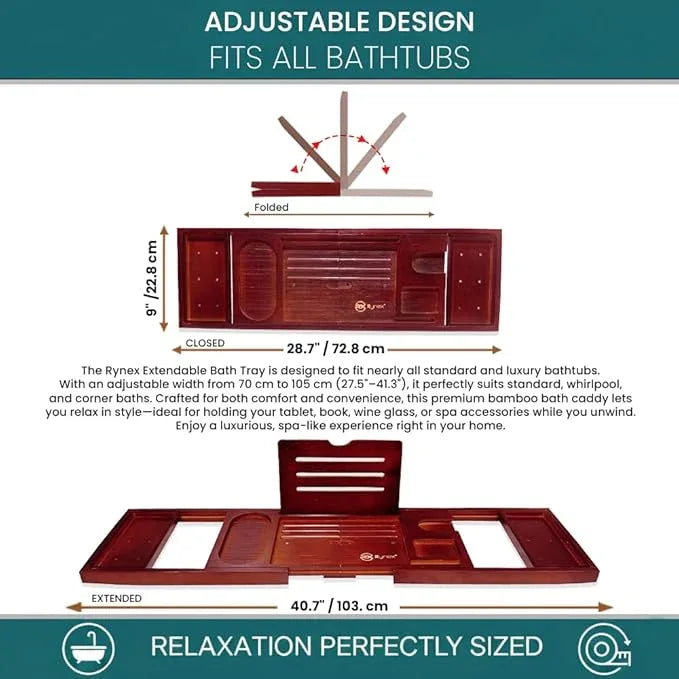 Rynex Bathtub Tray – Foldable & Waterproof Bath tub Tray Caddy with Phone, Wine & Book Holder, Tub Tray –Adjustable Luxury Bath Tray for Tub Relaxation, Home Decor & Gifts – Bamboo Wood - ModernBath