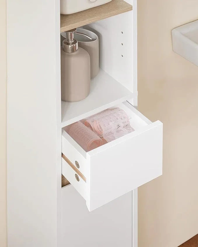 SoBuy Bathroom Narrow Storage Cabinet Skinny Tall Unit with Adjustable Shelves Slender Anti-Tipping Floor Standing Cupboard, White & Natural BZR34-WN - ModernBath