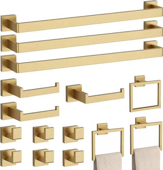 15-Piece Brushed Gold Bathroom Accessories Set – 23.6" Towel Bar, Towel Ring, Toilet Paper Holder & Hooks, Wall Mounted Bathroom Hardware, Rust & Corrosion-Resistant, Ideal for Modern Bathrooms - ModernBath