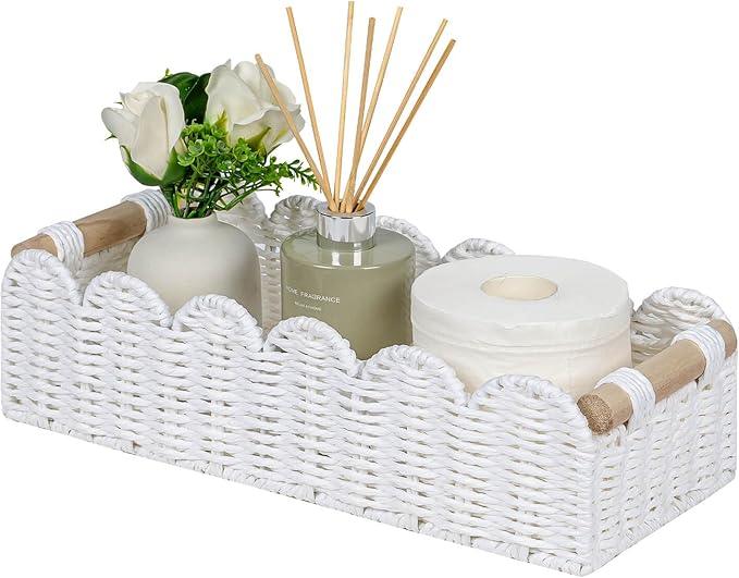 CubesLand Scalloped Edge Toilet Paper Storage Basket, Living Room Home Cozy Decor Basket, Paper Rope Small Baskets for Over Toilet Storage Shelf, End Table, Shelves, with 2 Wooden Handles, White - ModernBath