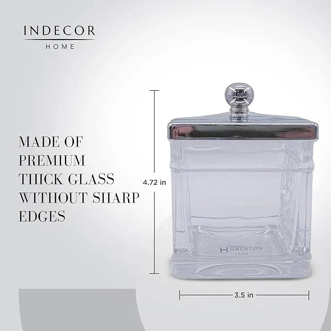 Indecor Home Apothecary Glass Cotton Jar Holder Silver Stainless Steel Lid, Elegant Bathroom Storage Canister for Qtips, Cotton Balls, Floss, Makeup Organizer, Vanity Bathroom Organization - ModernBath
