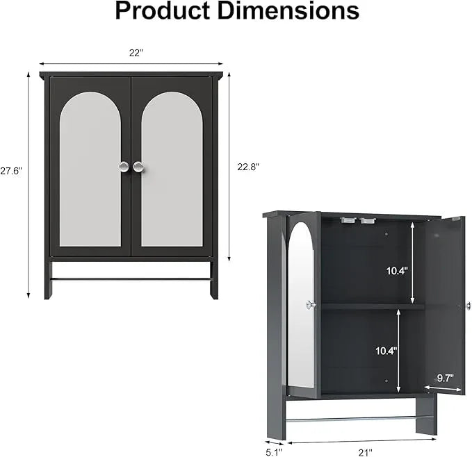 Bathroom Medicine Cabinet Mirror,Arched Bathroom Cabinet with Mirror,Surface Mount Medicine Cabinet Wall Mounted,Mirrored Medicine Cabinets with Towel Bar,Black Wall Cabinet 22x28 - ModernBath
