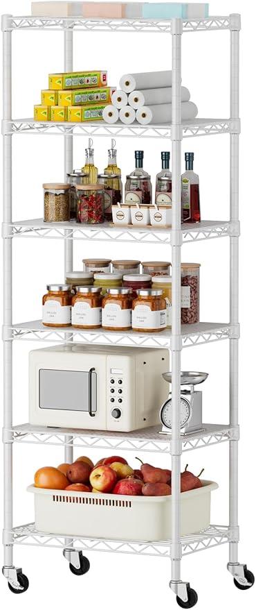 SINGAYE 6 Shelves Storage Shelf Wire Closet Bathroom Organizers Metal Pantry Kitchen Small Garage Shelving Unit Laundry Room Organization Home Narrow Rack Net Basket with Wheels White - ModernBath