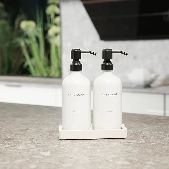 Prus Waso Kitchen Soap Dispenser Set, White Soap Dispenser with Black Stainless Steel Pump, Perfect for Modern Kitchen Decor. (White) - ModernBath