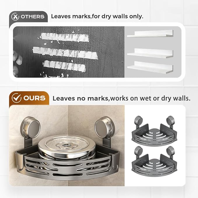 Triangle Suction Cup Corner Shelves No Drilling Bathroom Storage Rack, 2026 New Corner Shower Shelf Suction Cup Shower Caddy Corners Organizer Storage Rack Adhesive with Towel Bar (Gray double-layer)