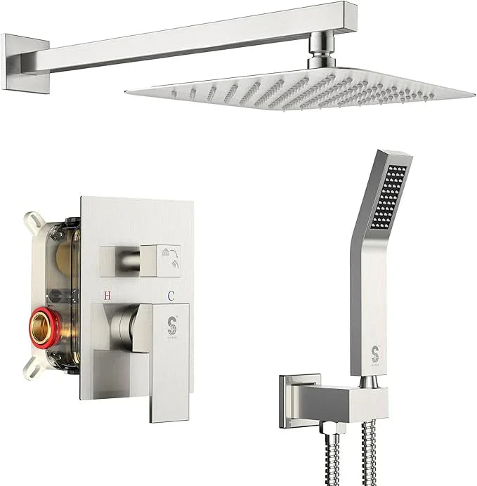 SR SUN RISE Shower Faucet Set Bathroom Square Rain Shower Head with Handheld Spray Wall Mounted Rainfall Shower Fixtures Brushed Nickel Shower Faucet Trim Repair Kits (Contain Shower Valve)10 Inches - ModernBath