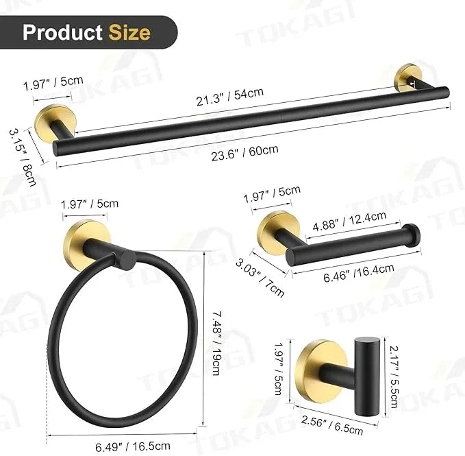 TQKAG Black and Gold Bathroom Hardware Set 6-Piece Bathroom Accessory Set 23.6 Inch Round Stainless Steel Towel Bar Set Wall Mounted - ModernBath