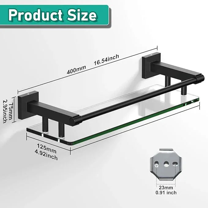 Glass Shelf 16IN for Bathroom Black Rectangular Stainless Steel Tempered Glass Modern Wall Mount Shelf Sink Over Toilet Bathroom Organizer (Matte Black, 16‘’) - ModernBath