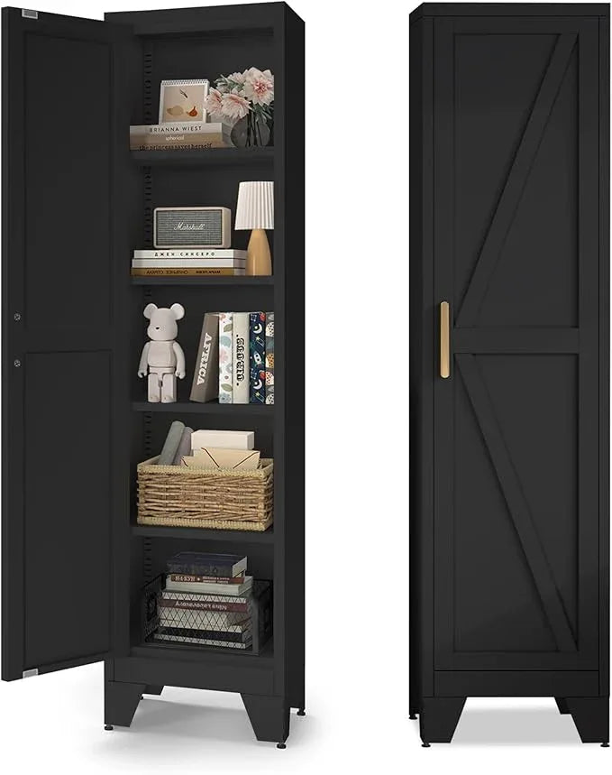 COFaR Tall Bathroom Cabinet, Metal Farmhouse Narrow Slim Storage Cabinet with Adjustable Shelves Barn Door for Bathrooms, Kitchens, Entrances Living Room (Black) - ModernBath