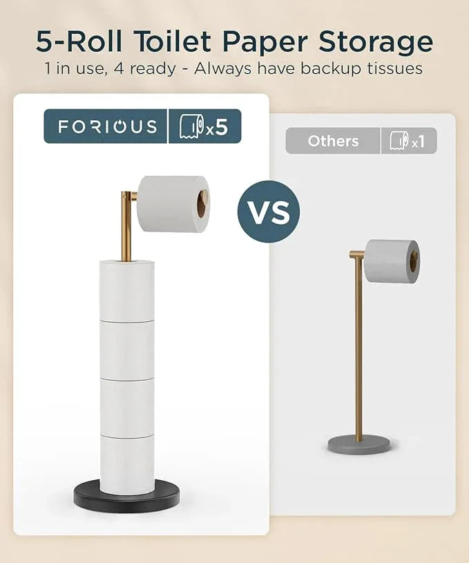 FORIOUS Toilet Paper Holder Stand, Modern Free Standing Tissue Roll Holder for Bathroom, Durable SUS 304 Stainless Steel and Weighted Base, Storage for 4 Rolls (Matte Black & Brushed Gold, 23.2" H) - ModernBath