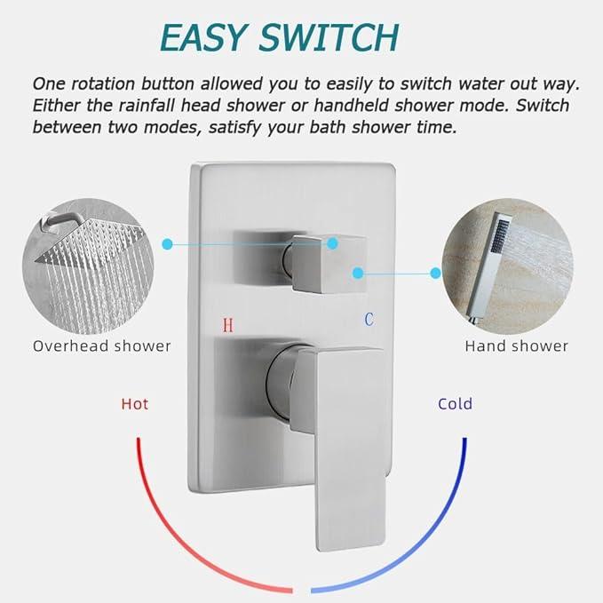 JingGang Shower System Brushed Nickel Bathroom Rainfall Shower Faucet Set Complete Wall Mounted 6 Inch Shower Head and Handle Set with Rough-in Valve Body and Trim Kit - ModernBath