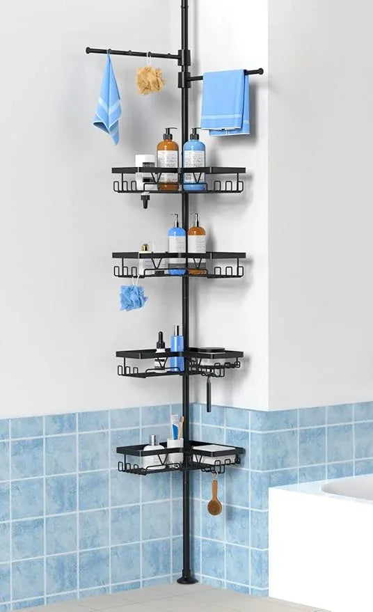 KEGII Black Shower Caddy Tension Pole with 2 Towel Bars, Adjustable Corner Bathroom Organizer, Rustproof Bathtub Storage Shelves for Shampoo, 25–114.2 Inch Shower Corner Rack for Renters & Family - ModernBath
