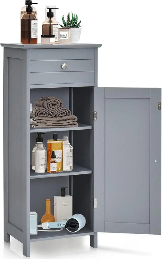 GOFLAME Bathroom Storage Cabinet, Freestanding Wooden Storage Cabinet with Large Drawer, 2 Float Shelves with 7 Positions, Bathroom Floor Cabinet Organizer for Living Room, Gray - ModernBath