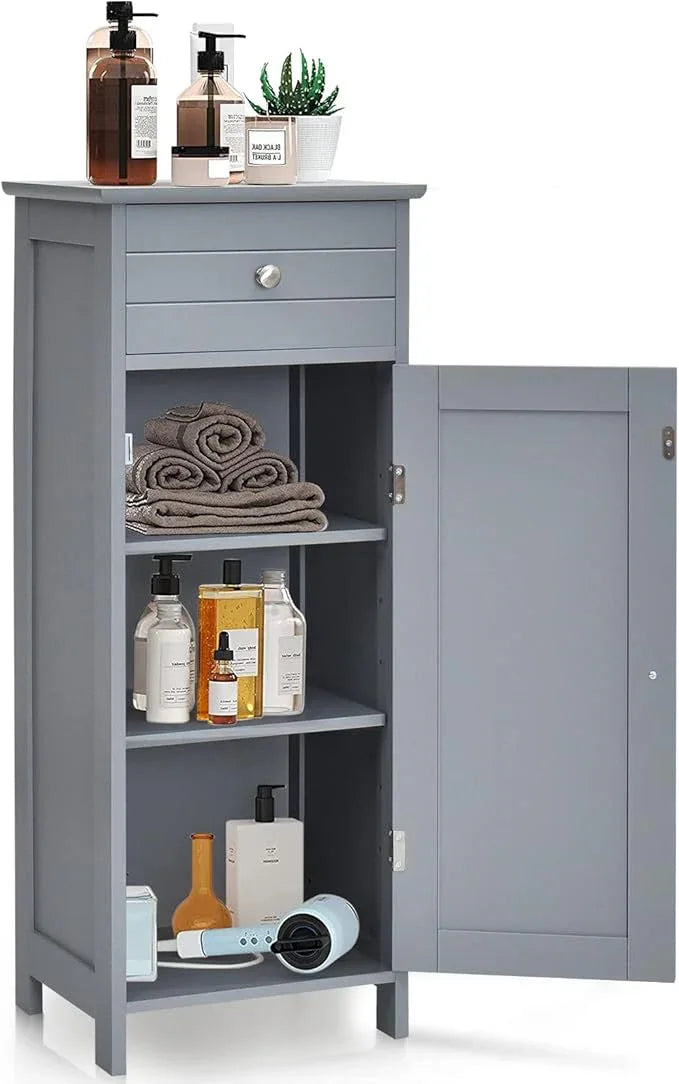HAPPYGRILL Bathroom Floor Cabinet, Single Door Floor Storage Cabinet Organizer with Drawer and 3-Level Adjustable Shelves, Bathroom Cabinets Freestanding with Anti-Tipping Device for Living Room - ModernBath