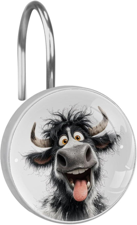Laughing Highland Cow Rust Proof Shower Curtain Hooks 12Pcs for Bathroom Shower Rod, Decorative Shower Hooks Shower Curtain Hanger Rings Roller, Glass, Resin, Stainless Steel - ModernBath
