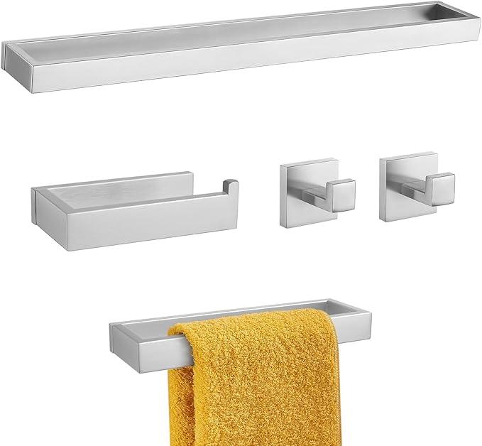 TNOMS Brushed Nickel Towel Bar Set,5-Pieces Bathroom Hardware Accessories Set,Towel Racks Set for Bathroom 23.6 Inch Towel Bar Stainless Steel Wall-Mounted - ModernBath