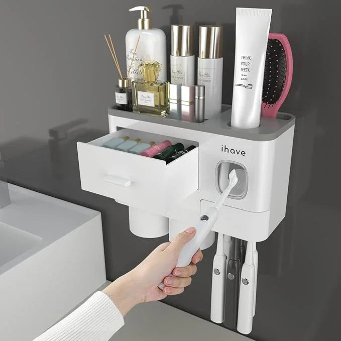 iHave Toothbrush Holders for Bathrooms, 2 Cups Toothbrush Holder Wall Mounted with Toothpaste Dispenser - Large Capacity Tray, Cosmetic Drawer - Bathroom Decor & Bathroom Accessories - ModernBath
