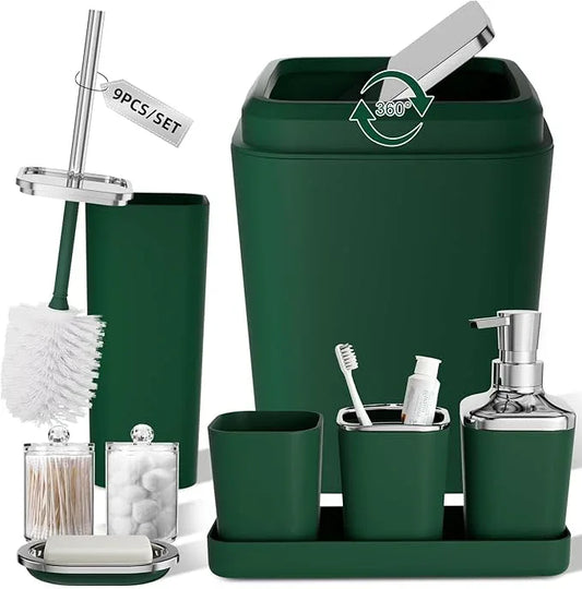 XLHOMO Dark Green Bathroom Accessories Set, Green Bathroom Set with Trash Can, Toothbrush Holder, Toothbrush Cup, Soap Dispenser, Soap Dish, Toilet Brush Holder, 2 Qtip Holder Dispensers and Tray - ModernBath