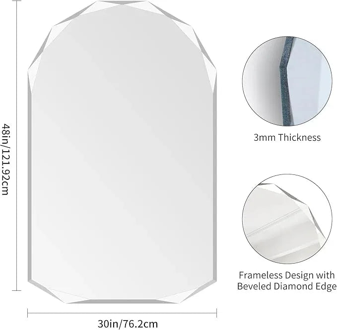 KOCUUY 30"x48" Frameless Mirror, Arched Shape with Diamond-Shaped Beveled Edge,Unframed Decorative with Upgraded Shatterproof Glass,Unique Frameless Mirror for Bathroom,Living Room,Bedroom - ModernBath