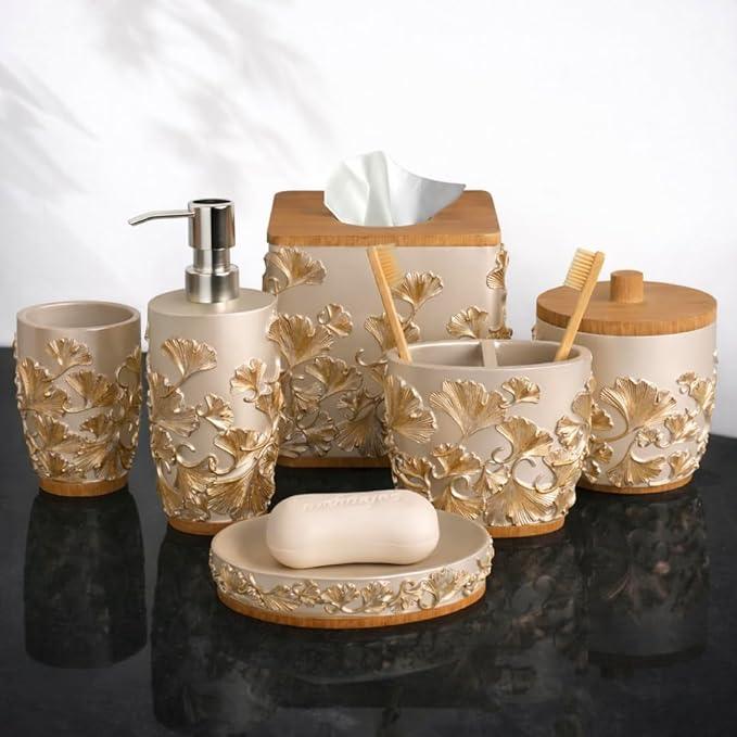 Decozen Bathroom Accessories Set 6Pcs – Soap Dispenser, Toothbrush Holder, Tumbler, Soap Dish & Cotton Swab Jar – Modern Bathroom Decor, Bath Set for Christmas Decor, Valencia - ModernBath
