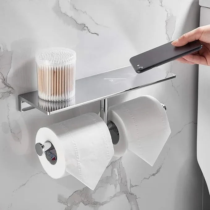 Double Toilet Roll Paper Holder Bathroom Solid Brass and Superior Hotel Style Wall Mount Tissue Roll Holder with Storage Shelf Bright Chrome Finished - ModernBath