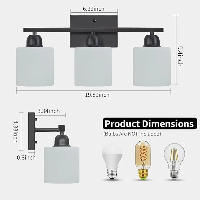 FAISHILAN 3-Light Bathroom Light Fixtures, Black Bathroom Vanity Lights with Milky White Frosted Glass Shades, Black Vanity Light for Bathroom Mirror, Bedroom, Living Room, Vanity Table, E26 Base - ModernBath