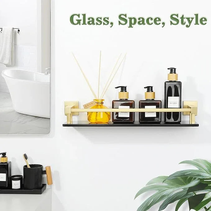 Alise Bathroom Glass Shelf with Stainless Steel Railing, Gold Small Tempered Glass Floating Wall Shelf Over The Toilet, 16 inch - ModernBath