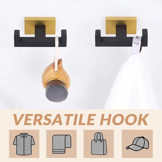 APLusee Double Bath Towel Hook 2 Pack, Solid Stainless Steel Square Dual Coat Holder, Modern Bathroom Kitchen Storage Hanger Wall Mounted, Black & Gold - ModernBath
