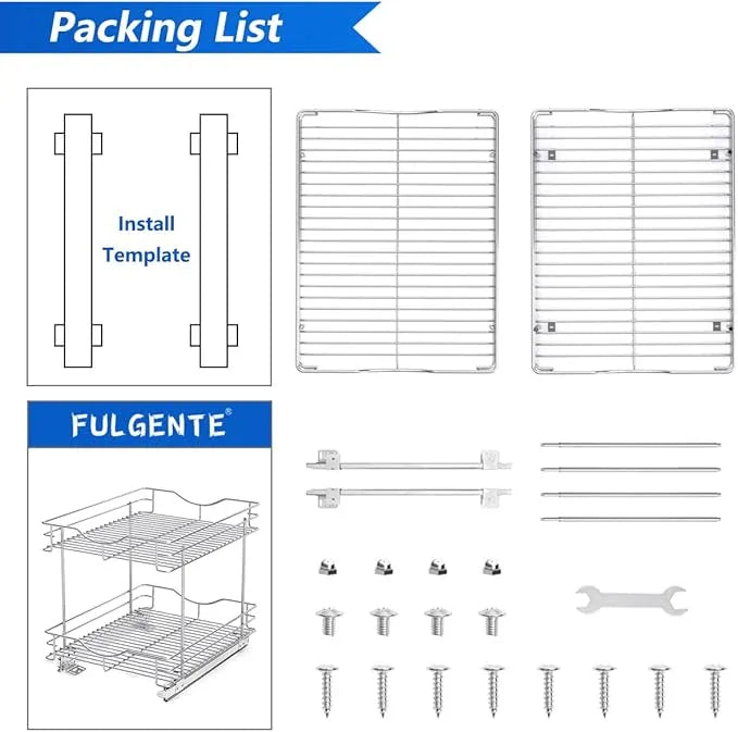 FULGENTE Chrome Finish Pull Out Drawer Cabinet Organizer 2 Tier (14" W X 18" D) Sliding Drawers For Kitchen Cabinets Cookware Organizer Drawer For Cabinet Slide Out Shelves - ModernBath