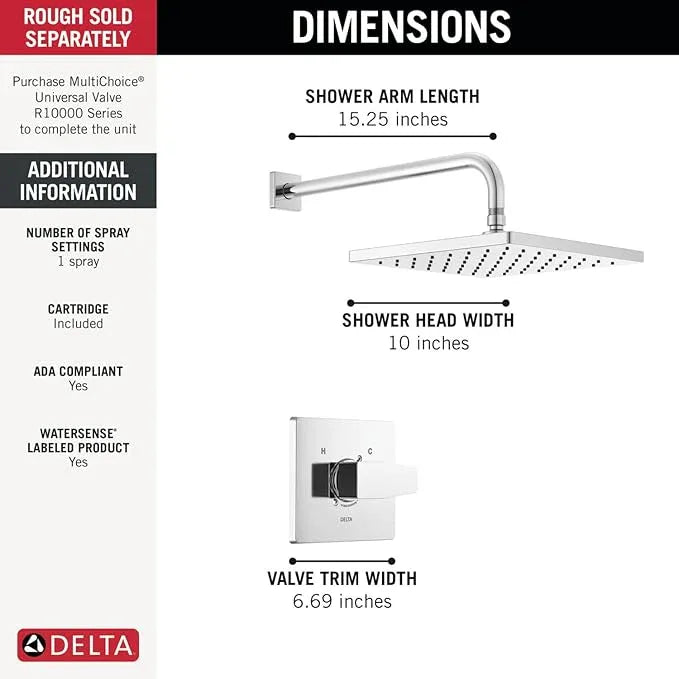 Delta Modern 14 Series Square Rain Shower Faucet Set, Brushed Nickel Shower Head and Handle Set, Valve Trim Kit, Spotshield Stainless T14268-SP-PP (Valve Not Included) - ModernBath