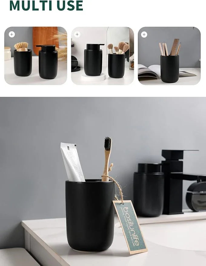 Bosilunlife Soap Dispenser and Toothbrush Holder Set - 11Oz Foam Soap Dispenser Pump Ceramic Bathroom Counter Soap Toothbrush Holder Set Black Bathroom Accessories Set - ModernBath