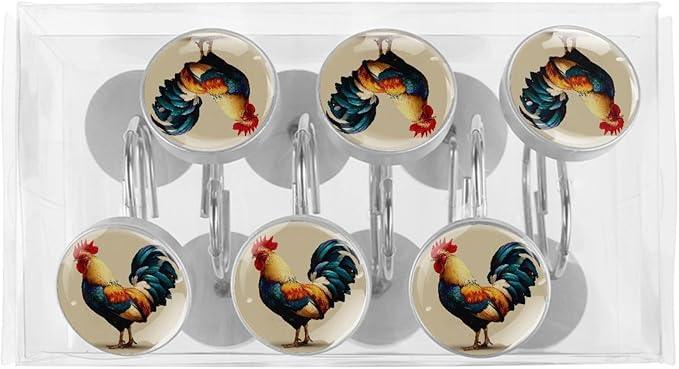 Modern Rooster Shower Curtain Hooks Rings, Stainless Steel Rust Proof Shower Curtain Hooks, Decorative Shower Hooks for Bathroom Shower Rods Curtains, Set of 12 - ModernBath