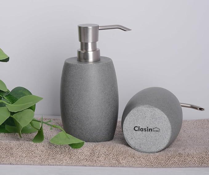 Clasin Home Sandstone Textured Resin Soap Dispenser with Metallic Pump and Waterproof Bottle Labels for Bathroom Kitchen Dish Hand Wash Shower Lotion Shampoo, 12 Oz, 2 Sets Gray - ModernBath