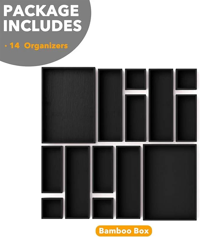 SpaceAid 14-Piece Bamboo Drawer Organizer Storage Boxes Set, Wood Tray Junk Drawer Organizers Multi-Use Divider Bins for Kitchen, Bathroom, Office Desk and Makeup Organization (14 Pack, Black) - ModernBath