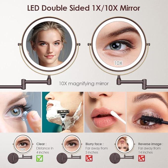 Rocollos Rechargeable Wall Mounted Lighted Makeup Mirror, 8 Inch Double-Sided LED Vanity Mirror 1X/10X Magnification,3 Color Lights Touch Screen Dimmable 360°Swivel 13 Inch Extendable - ModernBath