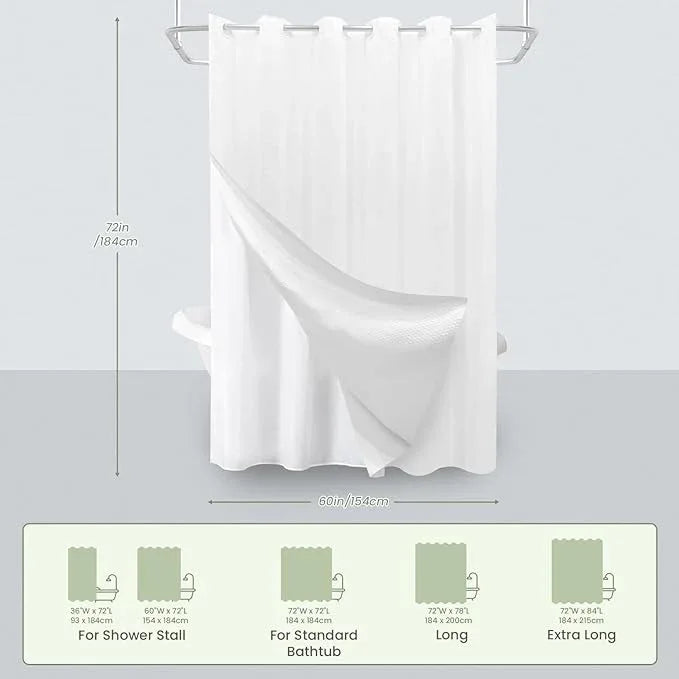 Inhousolu No Hook Waffle Weave Shower Curtain with Removable Snap in Fabric Liner Set for Bathroom, 230 GSM Heavy Duty Weighted Hem, Water Repellent Washable Bath Curtains, 60 x 72 Inch, White - ModernBath
