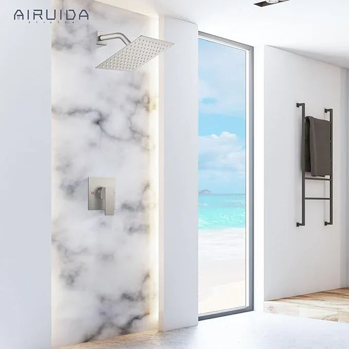 Airuida Shower Faucet Set Bathroom Rain Shower System SUS304 Stainless Steel Single Handle With Male Threads Rough-in Valve Shower Trim Kit 8 Inch Wall Mount Shower Head Brushed Nickel - ModernBath