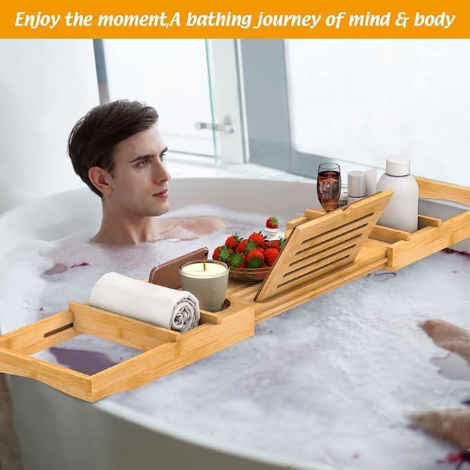 Bamboo Bathtub Tray for Luxury Bathroom, Expandable Premium Bath Tray w/Soap Towel Book Holder, Adjustable Bath Accessories for Tub,Extendable Tub Tray w/Wine Glass Cup Organizer 29.5"-43.3" Nature - ModernBath